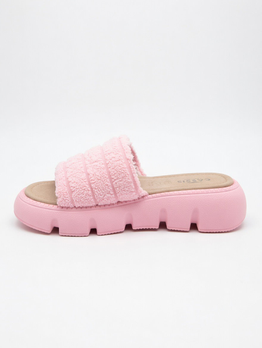Cassis Pink Fluffy Platform Slide Sandals